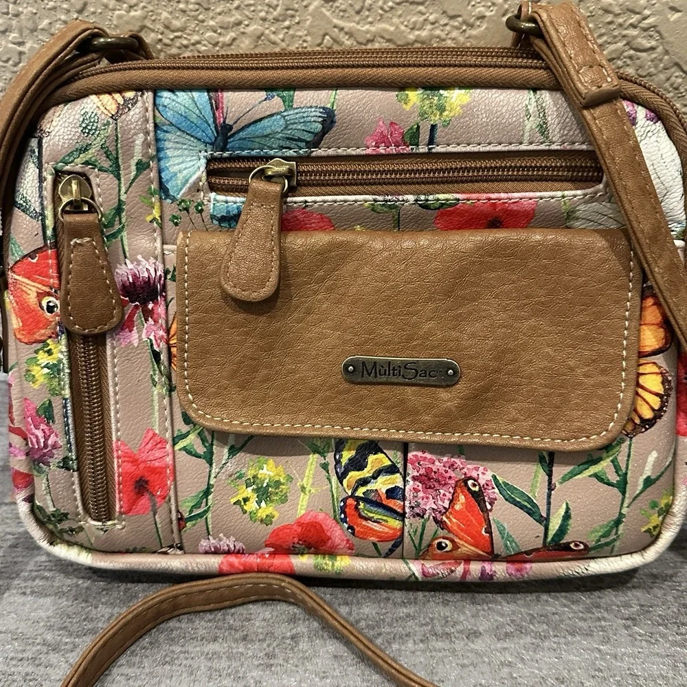 Multi Sac Shoulder/Cross Body Bag Springtime Floral Pockets Pebbled Adjustable